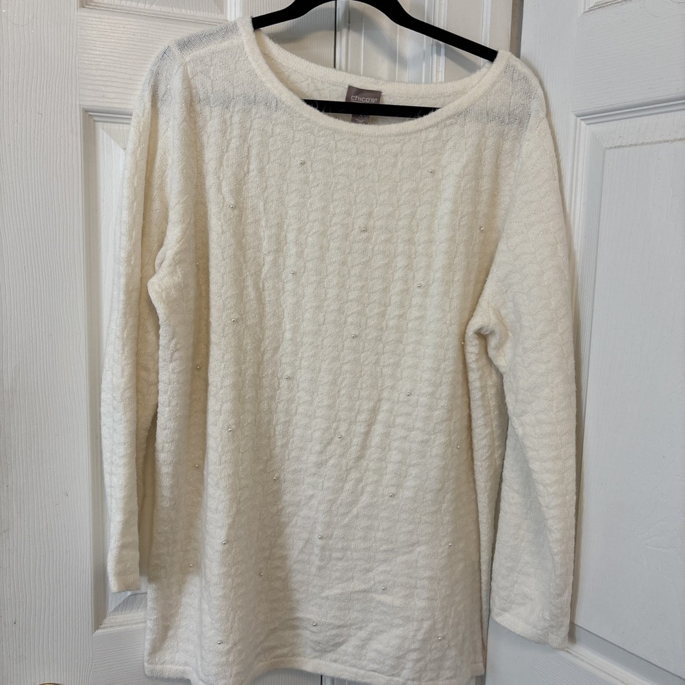 Chicos Ivory Faux Pearl Tunic Sweater Womens Size 3 Large XL Pullover Knit